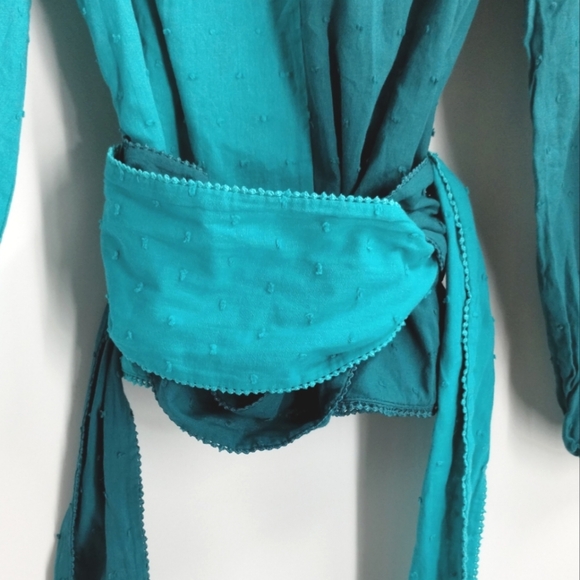 Farm Rio Anthropologie Color Block Teal Swiss Dot Wrap‎ Blouse - Picture 8 of 16